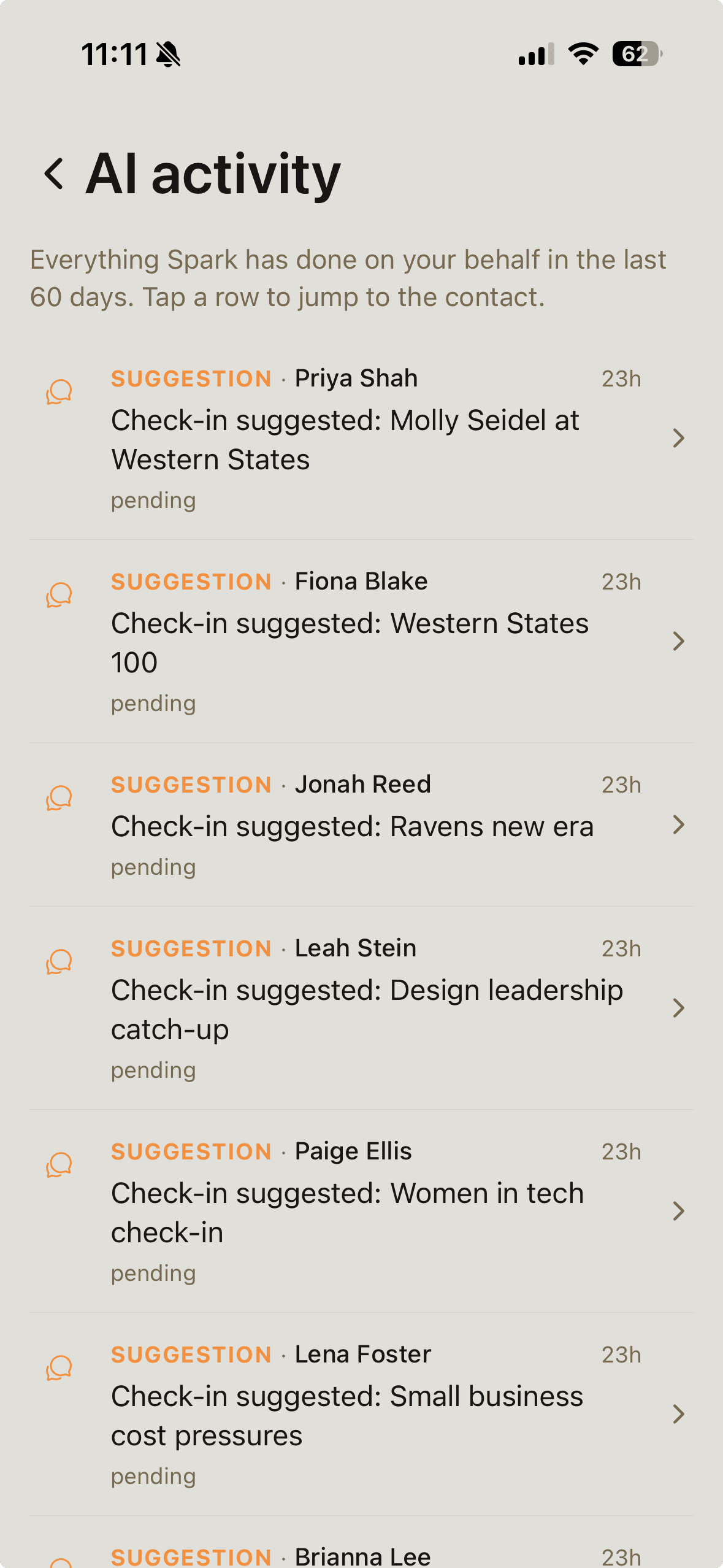 Spark AI activity history screen