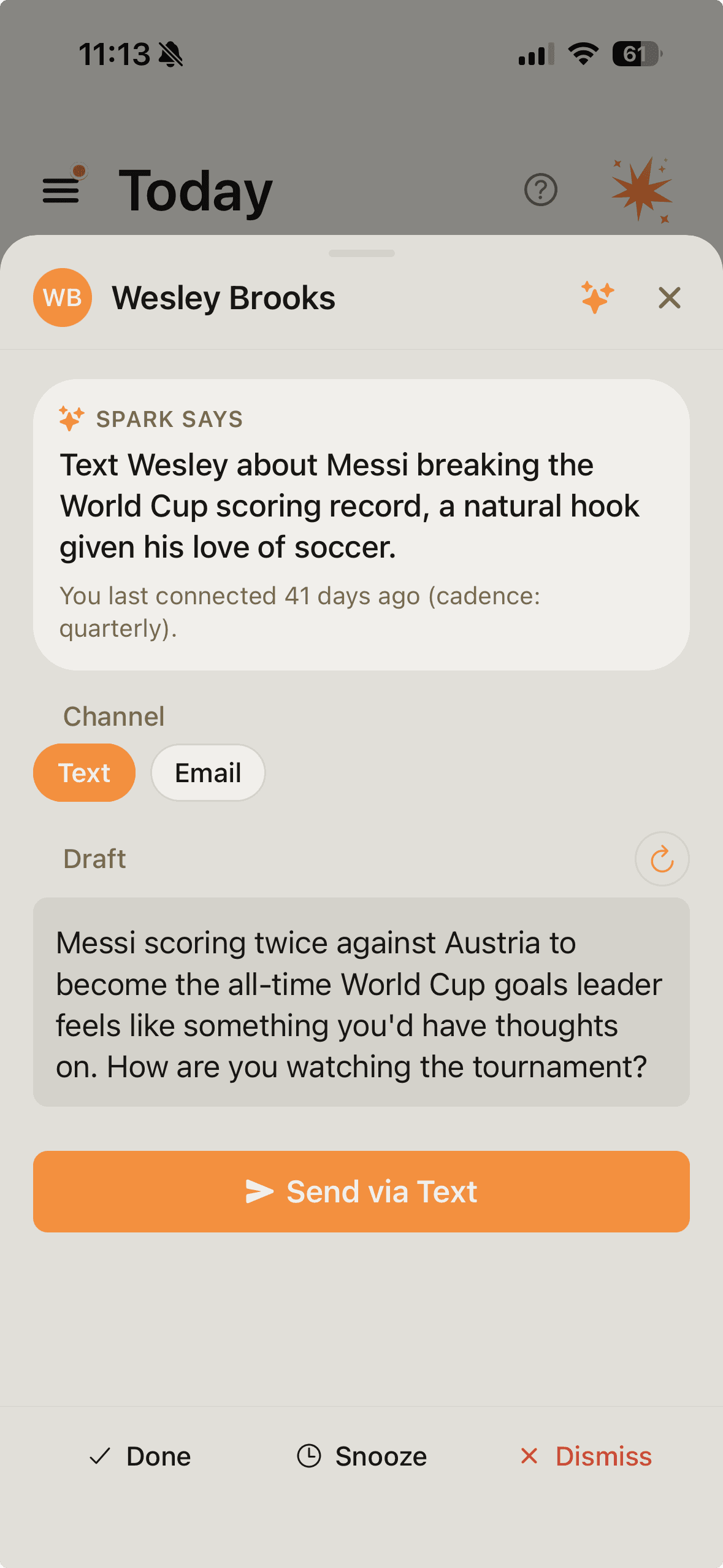 Spark check-in detail sheet with a drafted text message