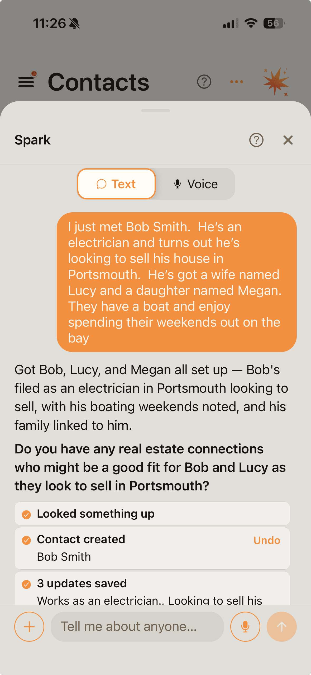 Spark Chat creating a contact and filing notes from a conversation